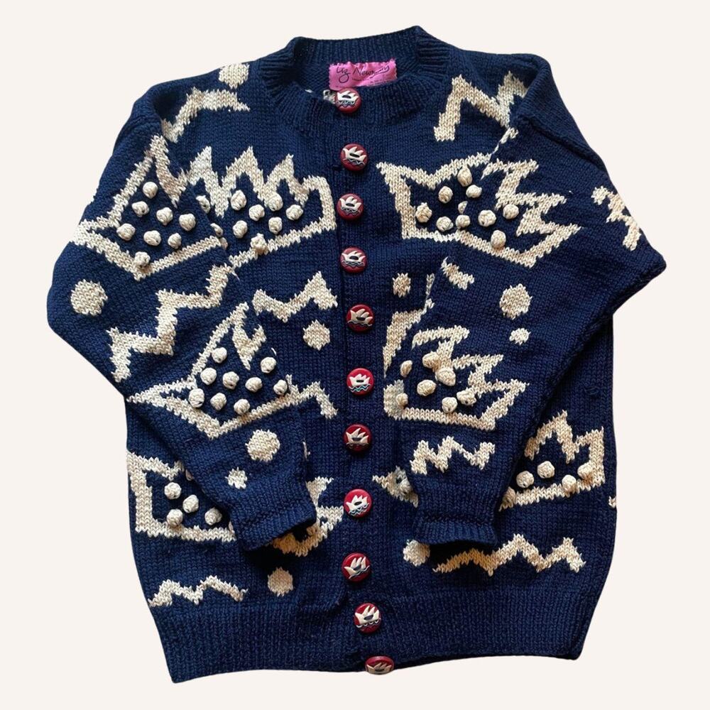 Liz Newman sweater 1987, blue + white, clay buttons XL - Picture 2 of 8